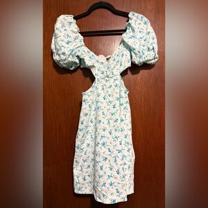 Zara Floral Cut-Out Puff Sleeve Mini Dress Blue White X-Small NWT cotton blend